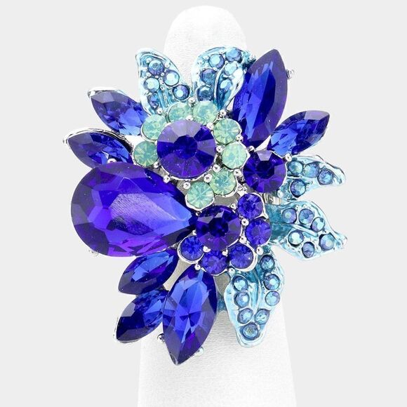 Floral Royal Blue Multi Stone Silver Tone Stretch Ring NWT - Picture 1 of 5